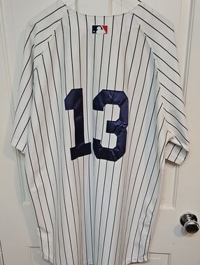MLB Men’s White Pinstripe Jersey with Navy 13
